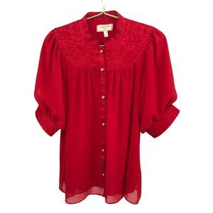 Moulinette Soeurs Anthropologie Scarlett Red Short Puff Sleeve Blouse Womens 6